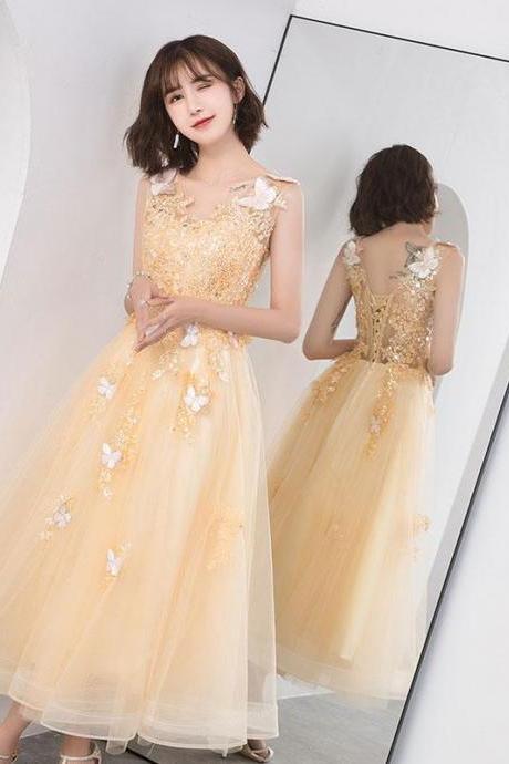 Gold v neck tulle lace short prom dress,gold homecoming dress
