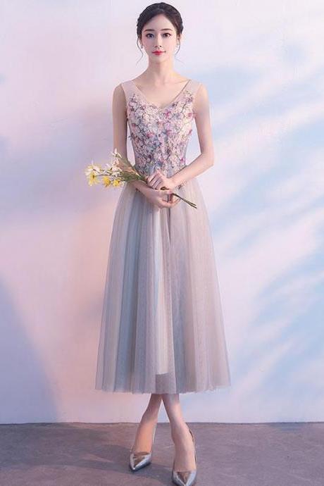Gray V Neck Tulle Lace Prom Dress,lace Tulle Evening Dress