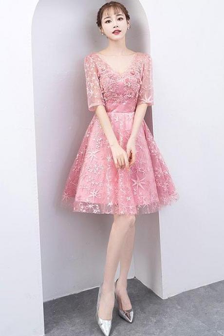 Pink lace short prom dress. pink lace homecoming dress