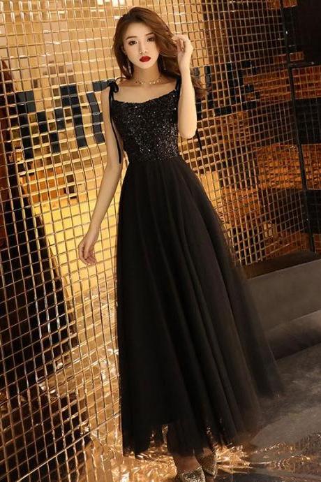 Black Sequin Tulle Long Prom Dress,black Tulle Evening Dress