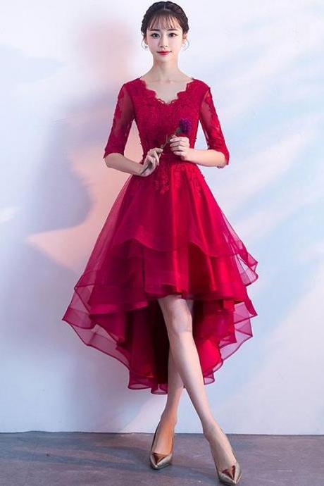 Burgundy V Neck Tulle Lace Short Prom Dress,bridesmaid Dress