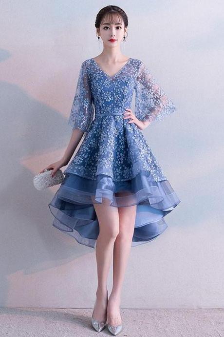 Blue V Neck Lace Short Prom Dress,blue Lace Homecoming Dress