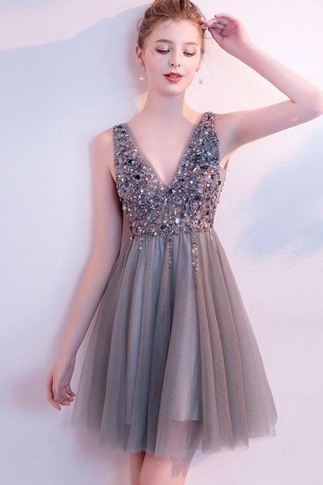 Gray V Neck Tulle Beads Short Prom Dress,gray Homecoming Dress