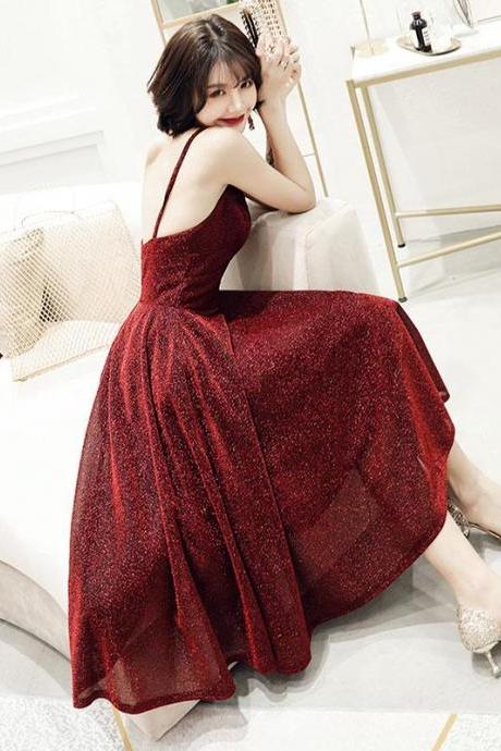 Simple V Neck Tulle Sequin Short Prom Dress,burgundy Homecoming Dress