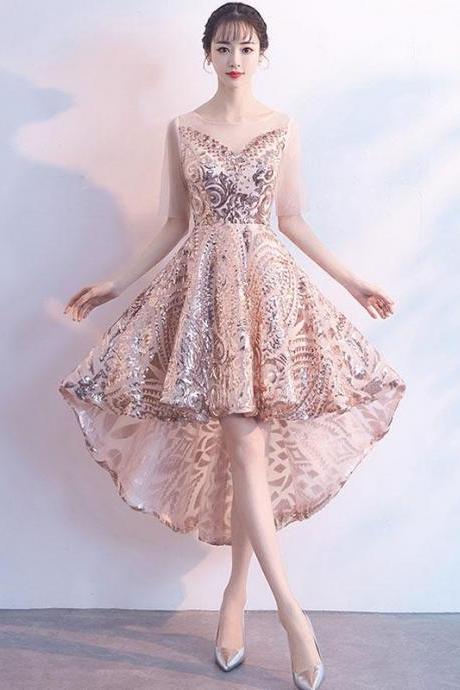 Champagne Tulle Sequin Short Prom Dress. Homecoming Dress