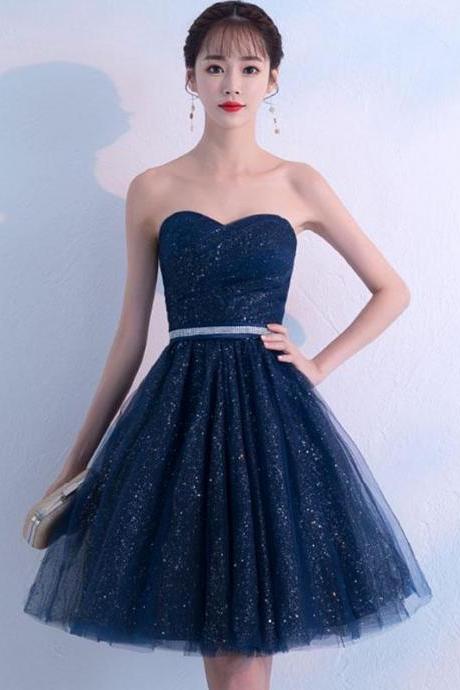 Dark Blue Sweetheart Tulle Short Prom Dress,blue Homecoming Dress