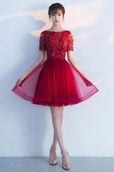 Burgundy Round Neck Tulle Lace Short Prom Dress,burgundy Homecoming Dress