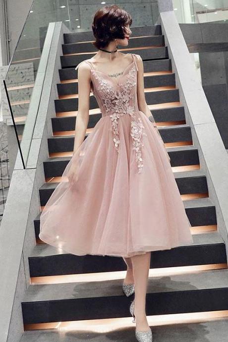Simple Pink V Neck Tulle Short Prom Dress,pink Homecoming Dress