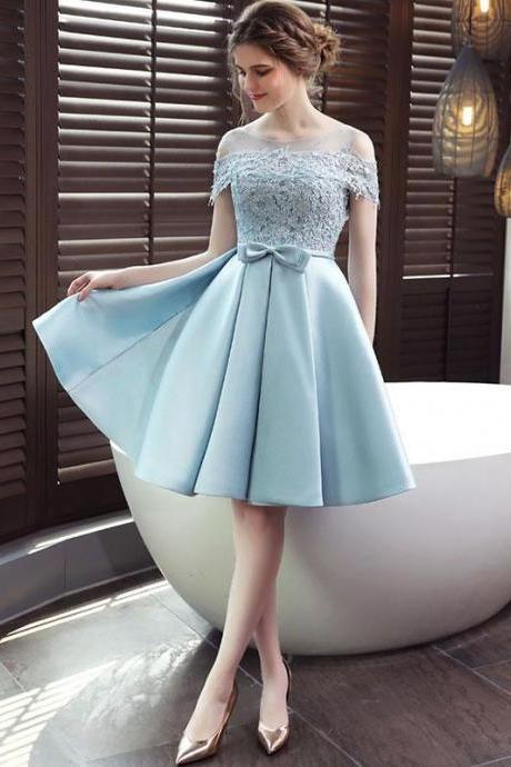 Blue Round Neck Lace Short Prom Dress,blue Homecoming Dress