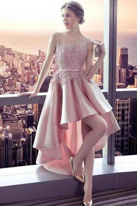 Pink Lace Satin High Low Prom Dress,homecoming Dress