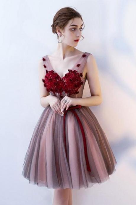 Burgundy V Neck Tulle Short Prom Dress,tulle Evening Dress