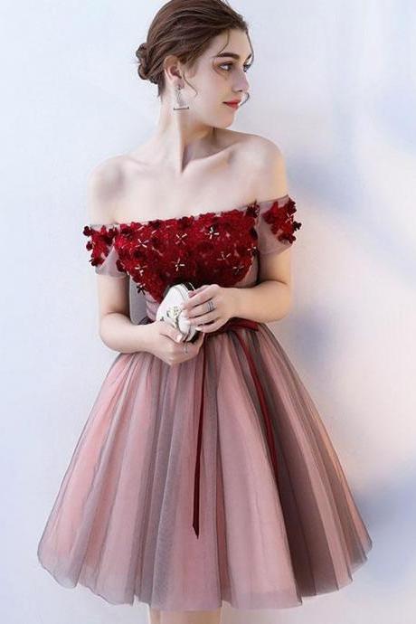 Burgundy Tulle Off Shoulder Short Prom Dress,burgundy Homecoming Dress