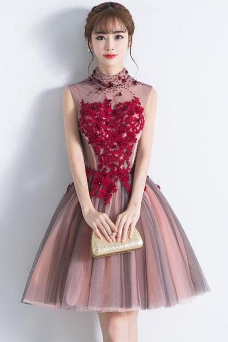 Unique Burgundy Tulle Lace Short Prom Dress,tulle Homecoming Dress