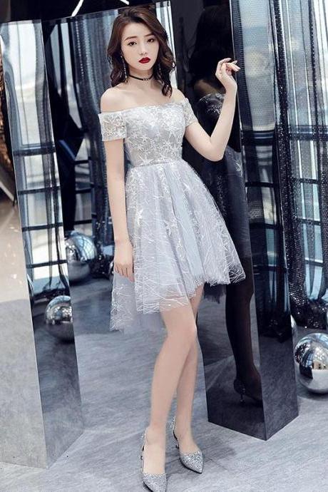 Gray tulle lace off shoulder short prom dress,gray tulle evening dress