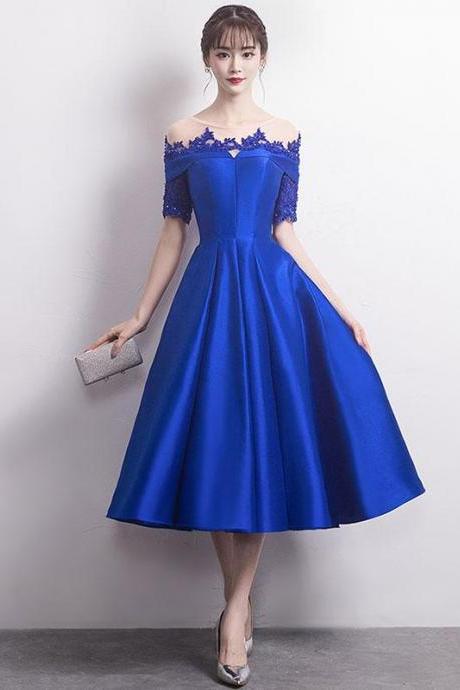 Blue Round Neck Satin Lace Prom Dress,blue Bridesmaid Dress