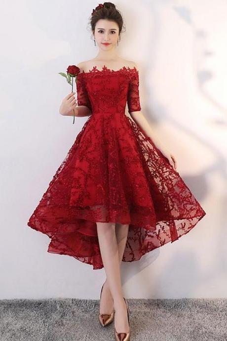 Burgundy Tulle Lace High Low Prom Dress,homecoming Dress