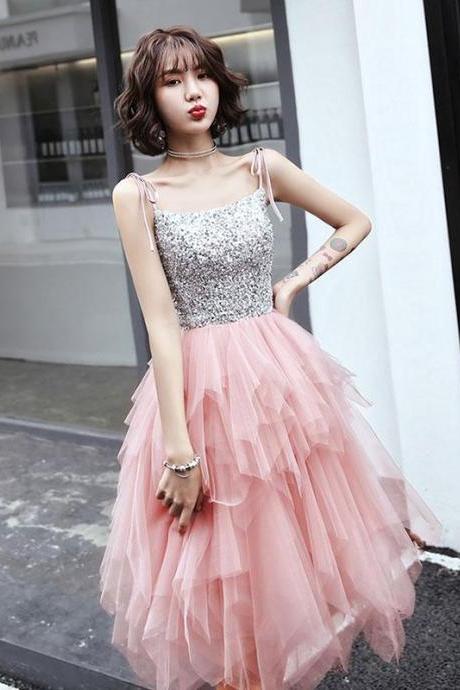 Pink Tulle Sequin Short Prom Dress,pink Tulle Homecoming Dress