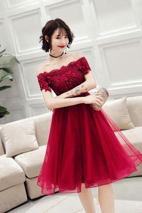 Burgundy Lace Off Shoulder Short Prom Dress,burgundy Homecoming Dress