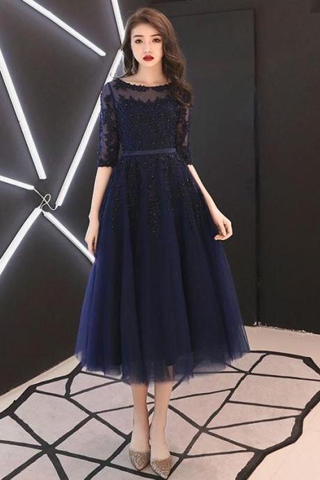 Blue Round Neck Tulle Lace Prom Dress,blue Bridesmaid Dress