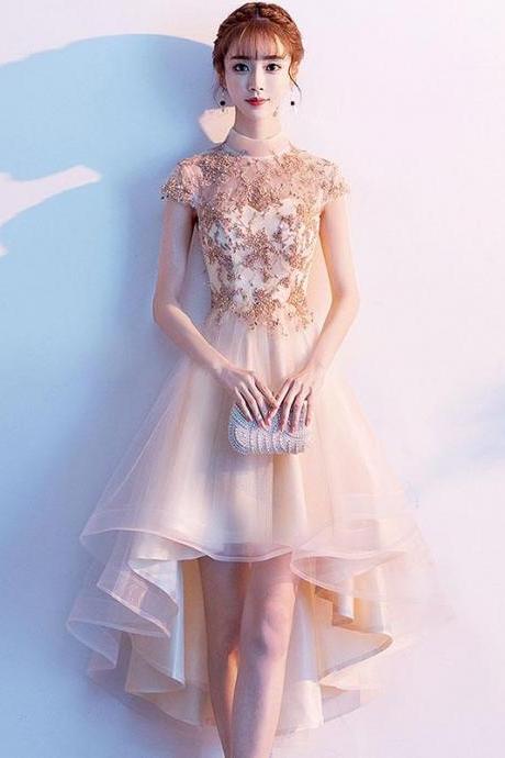 Champagne Tulle Lace High Low Prom Dress,tulle Homecoming Dress