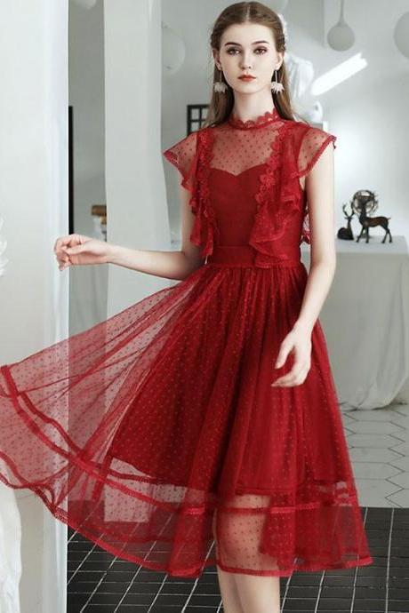 Burgundy Tulle Lace Short Prom Dress,homecoming Dress