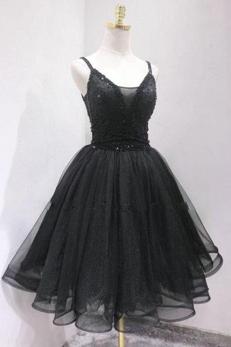 Black tulle beads short prom dress,black homecoming dress