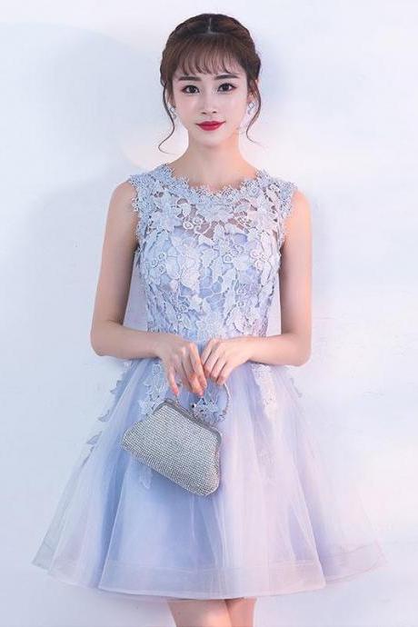 Gray tulle lace short prom dress,gray homecoming dress
