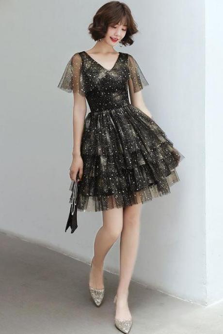 Black V Neck Tulle Sequin Short Prom Dress,black Homecoming Dress