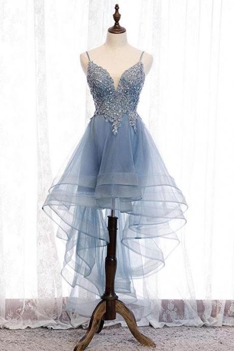 Blue Sweetheart Tulle Lace High Low Prom Dress,blue Homecoming Dress