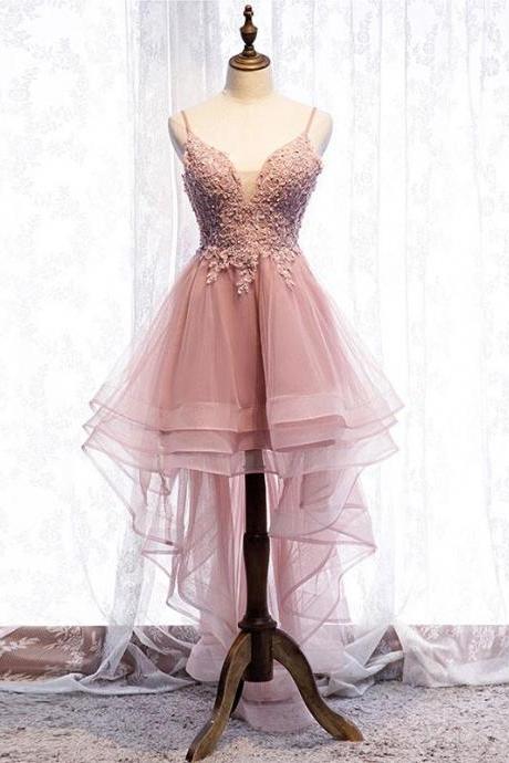 Pink Tulle Lace High Low Prom Dress,pink Homecoming Dress