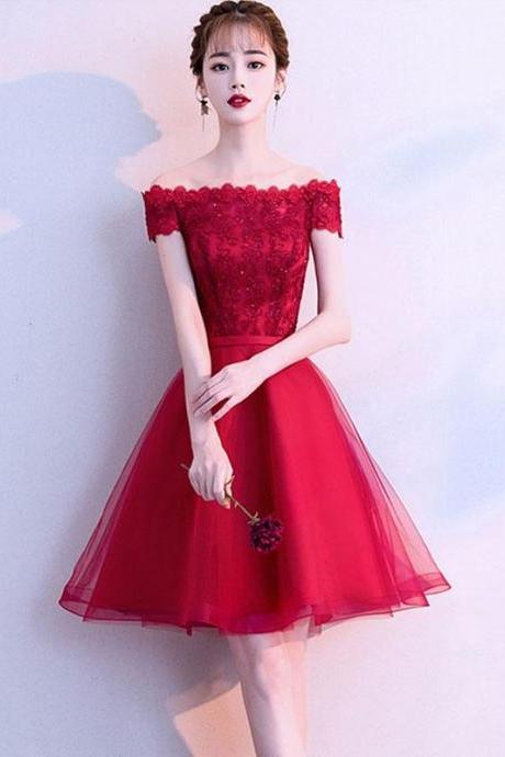 Cute Burgundy Tulle Lace Short Prom Dress,burgundy Homecoming Dress