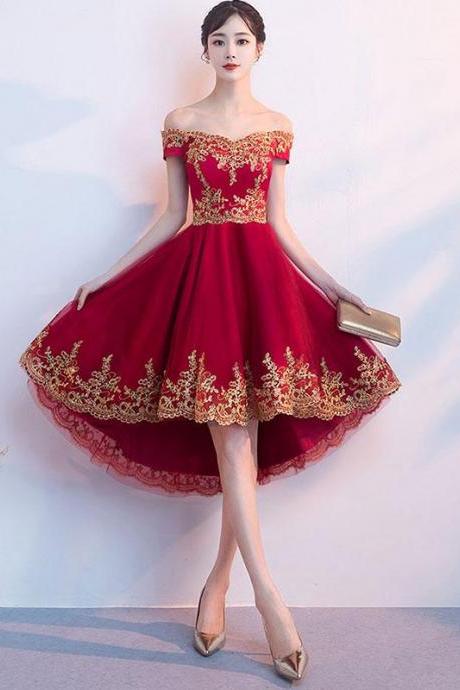 Burgundy Tulle Lace Short Prom Dress,high Low Bridesmaid Dress