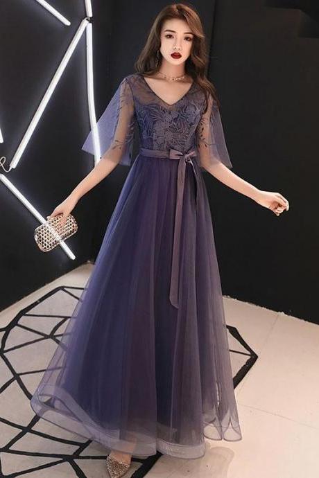 Elegant A-line Tulle Lace Prom Dress Purple Tulle Formal Dress
