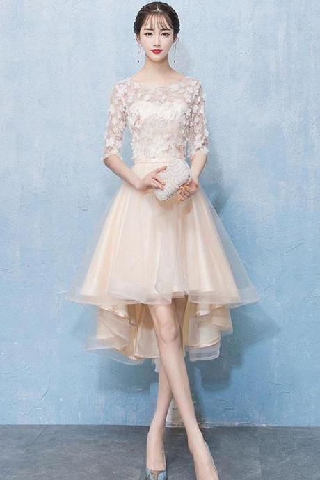 Light Champagne Tulle Lace High Low Prom Dress Lace Homecoming Dress
