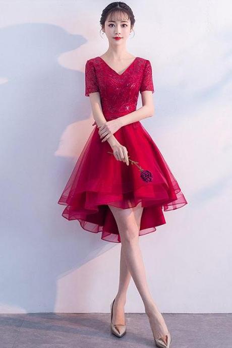 Burgundy V Neck Tulle Lace Short Prom Dress,burgundy Homecoming Dress