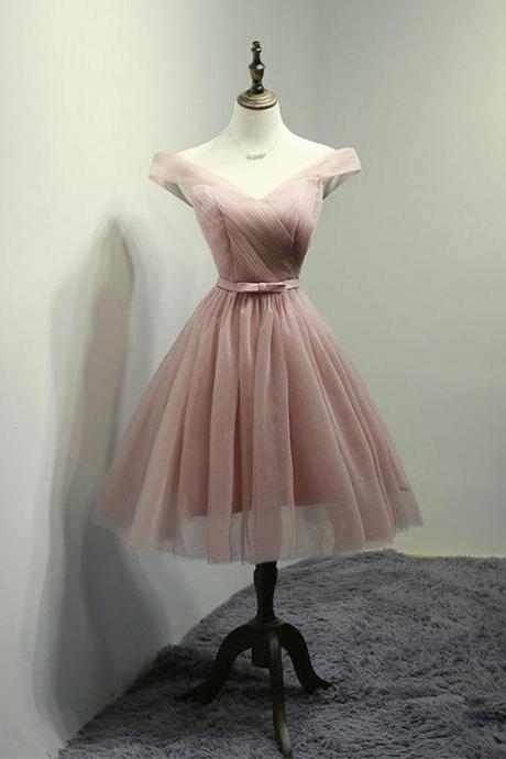 Simple V Neck Tulle Off Shoulder Short Prom Dress Pink Homecoming Dress