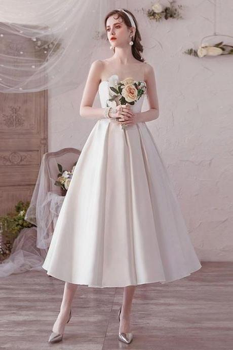 Simple Round Neck Tea Length Prom Dress White Bridesmaid Dress