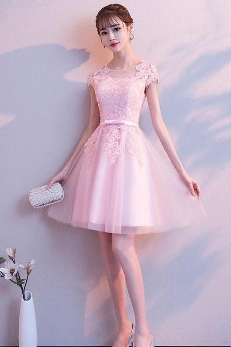 Pink Round Neck Tulle Lace Short Prom Dress Pink Cocktail Dress