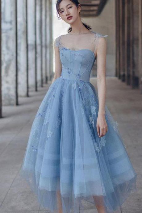 Blue tulle short prom dress blue bridesmaid dress