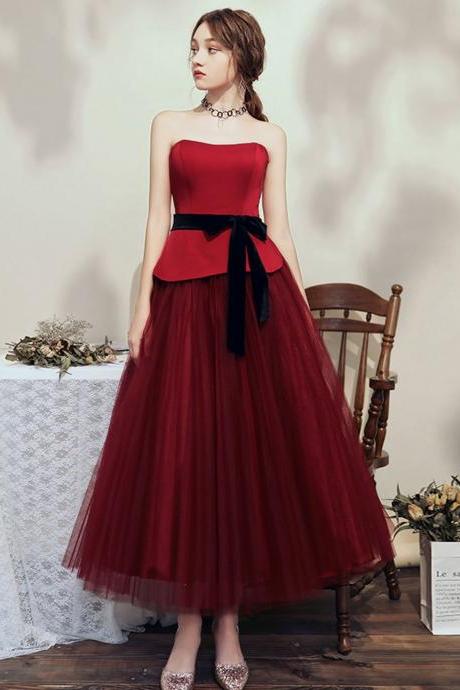 Simple burgundy tulle tea length short prom dress bridesmaid dress