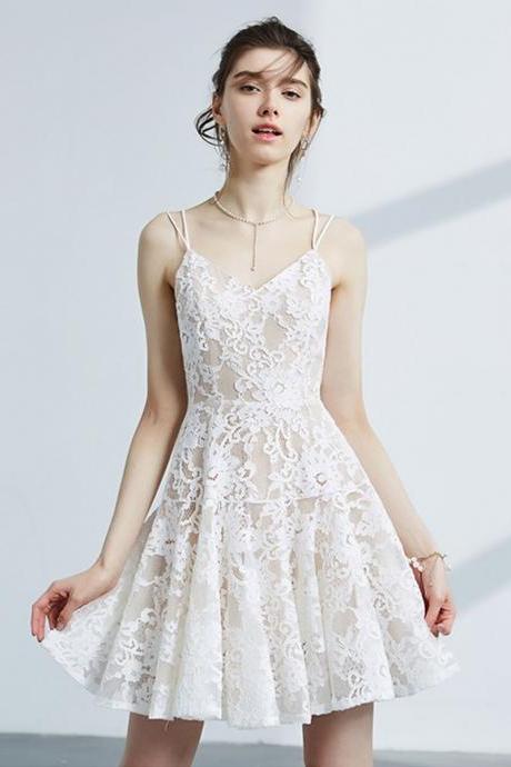 Cute White V Neck Lace Short Prom Dress White Evening Dress