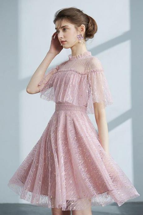 Pink Tulle Lace Short Prom Dress Pink Lace Cocktail Dress
