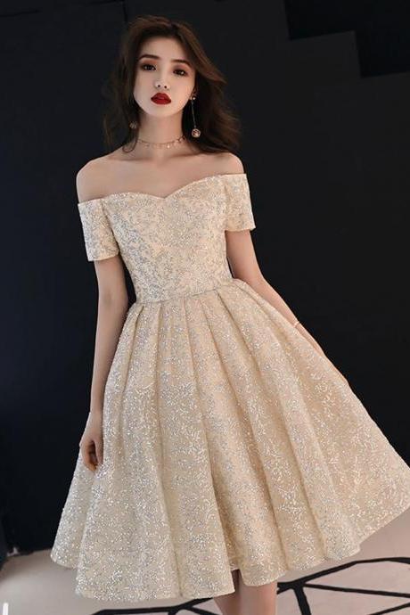 Champagne Sweetheart Tulle Sequin Short Prom Dress