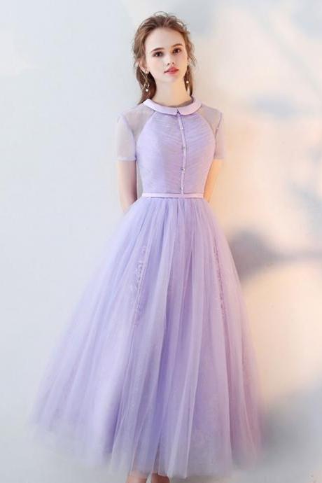 Lavender tulle lace prom dress,Tea Length A Line lace evening dresses