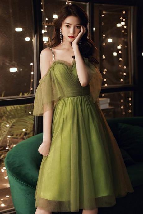Simple green tulle short prom dress green evening dress