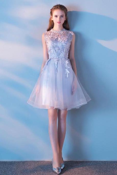 Gray Tulle Lace Short Prom Dress Gray Lace Formal Dress