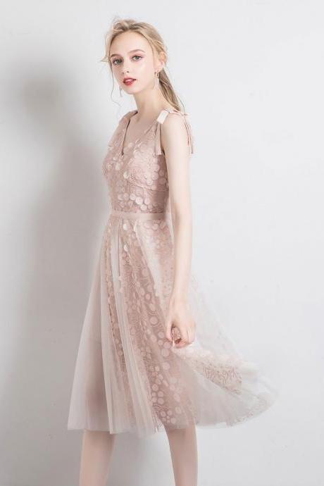 Light pink tulle v neck lace short prom dress tulle lace formal dress