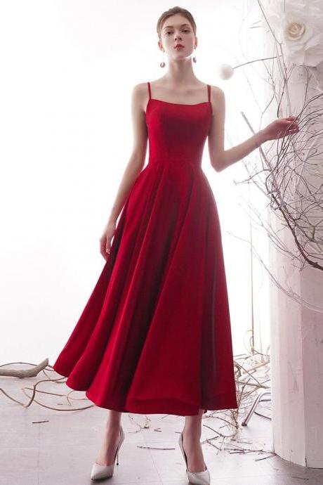 Simple red satin tea length prom dress red formal dress