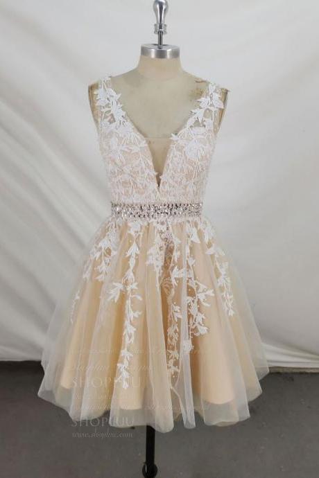 Champagne V Neck Tulle Lace Short Prom Dress Champagne Homecoming Dress