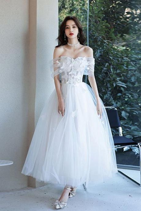 White sweetheart off shoulder tulle lace tea length prom dress